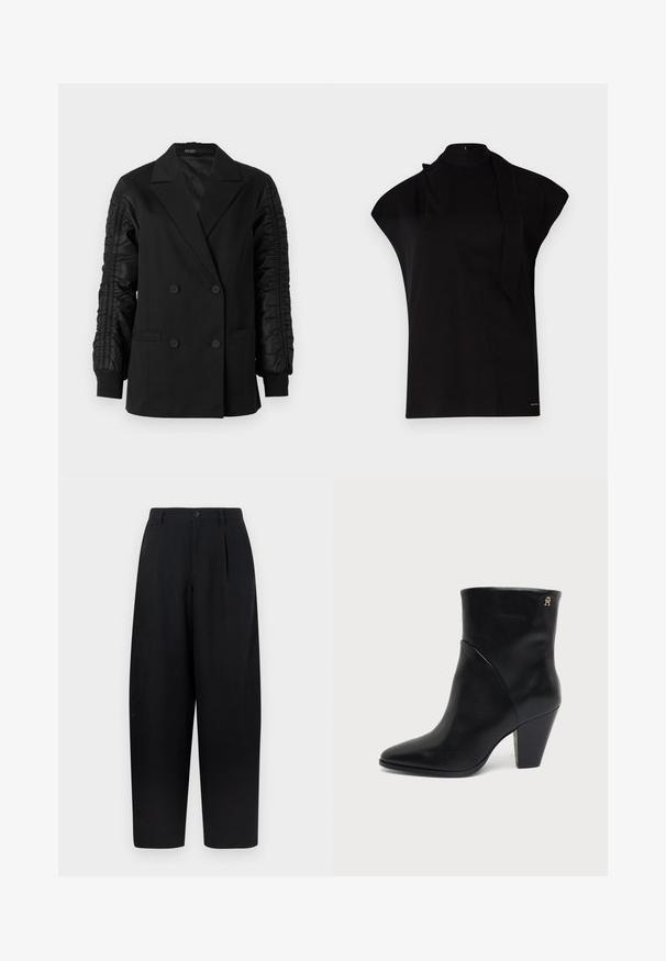 Blazer noir à double boutonnage avec des manches en satin froncé et des poignets boutonnés, doté de revers crantés et de poches plaquées à l'avant.; Top noir à col montant avec manches courtes, présentant un design asymétrique et une longue cravate. Fabriqué en tissu lisse au look minimaliste.; Pantalon noir à coupe ample, avec un pli frontal, une fermeture par bouton et des ourlets droits. Confectionné dans un tissu léger et lisse.; Bottine en cuir noir à bout pointu, talon carré et petit logo doré près du bord supérieur sur le côté extérieur.