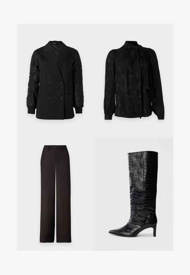 Blazer negro de doble botonadura con mangas de satén fruncidas y puños abotonados, con solapas en pico y bolsillos frontales de ojal.; Blusa negra con un alto cuello y detalle de lazo. Presenta un sutil patrón floral y mangas largas abullonadas con puños fruncidos. Textura suave.; Pantalones anchos negros con una parte delantera plana, presillas para cinturón y una textura suave, diseñados para un ajuste entallado. Sin hardware ni patrones visibles.; Botas negras de media caña con textura brillante de patrón de cocodrilo, punta afilada y tacón cónico. Material sintético liso.