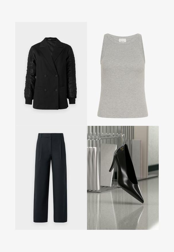 Blazer noir à double boutonnage avec des manches en satin froncé et des poignets boutonnés, doté de revers crantés et de poches plaquées à l'avant.; Débardeur gris côtelé avec un col rond et un design sans manches. Fabriqué en tissu doux, il présente une silhouette ajustée et des coutures minimales.; Pantalon noir ajusté avec une coupe droite, présentant des plis avant, une texture lisse et des passants de ceinture. Pas de poches visibles.; Chaussure noire à talon haut avec bout pointu et logo doré, posée sur une surface réfléchissante près d'un organiseur de dossiers en fil chromé contenant des documents.