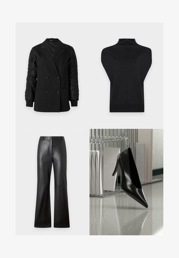 Blazer negro de doble botonadura con mangas de satén fruncidas y puños abotonados, con solapas en pico y bolsillos frontales de ojal.; Suéter negro sin mangas con cuello alto, paneles anchos en los hombros y dobladillo acanalado ajustado, exhibido sobre un fondo blanco.; Pantalones de cuero negro con una textura suave, diseño de pierna ancha y una cinturilla de altura media que presenta trabillas para cinturón y bolsillos frontales.; Zapato de tacón alto negro con punta afilada y logo dorado, colocado sobre una superficie reflectante cerca de un organizador de archivos de alambre cromado con documentos.