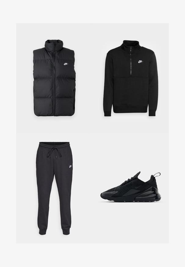 Zwarte gewatteerde mouwloze jas met hoge kraag, rits aan de voorkant, zijzakken en wit Nike-logo op de borst.; Nike Sportswear CLUB - Sweater - black/white; Zwarte joggingsbroek van een katoenmix, met een elastische tailleband en trekkoord, geborduurde enkels en een wit Nike-logo op de dij.; Zwarte Nike Air Max 270 sneaker met een textuur bovenwerk, mesh panelen en een glanzende hiel met een prominente luchtkusseneenheid.