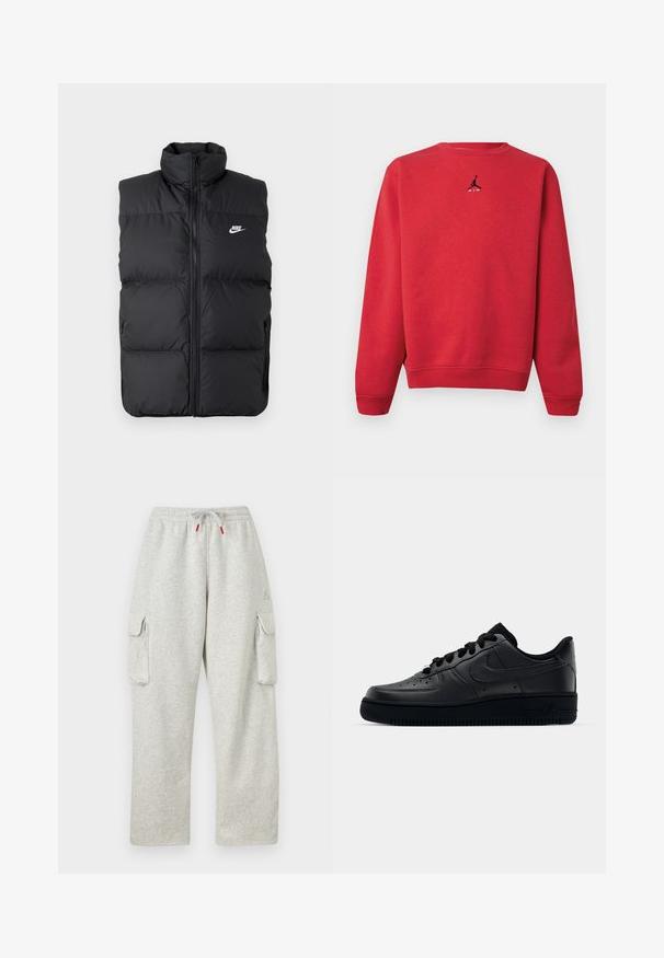 Zwarte gewatteerde mouwloze jas met hoge kraag, rits aan de voorkant, zijzakken en wit Nike-logo op de borst.; Rode crewneck-trui met klein zwart Jumpman-logo en witte "AIR"-tekst gecentreerd op de borst, geribde boorden en zoom.; Lichtgrijze joggingbroek met elastische tailleband, trekkoord met rode uiteinden en grote klepzakken op beide dijen.; Zwarte Nike Air Force 1 sneaker met een gladde leren bovenkant, geperforeerde neus voor ademend vermogen, zwarte veters en een getextureerde rubberen zool.