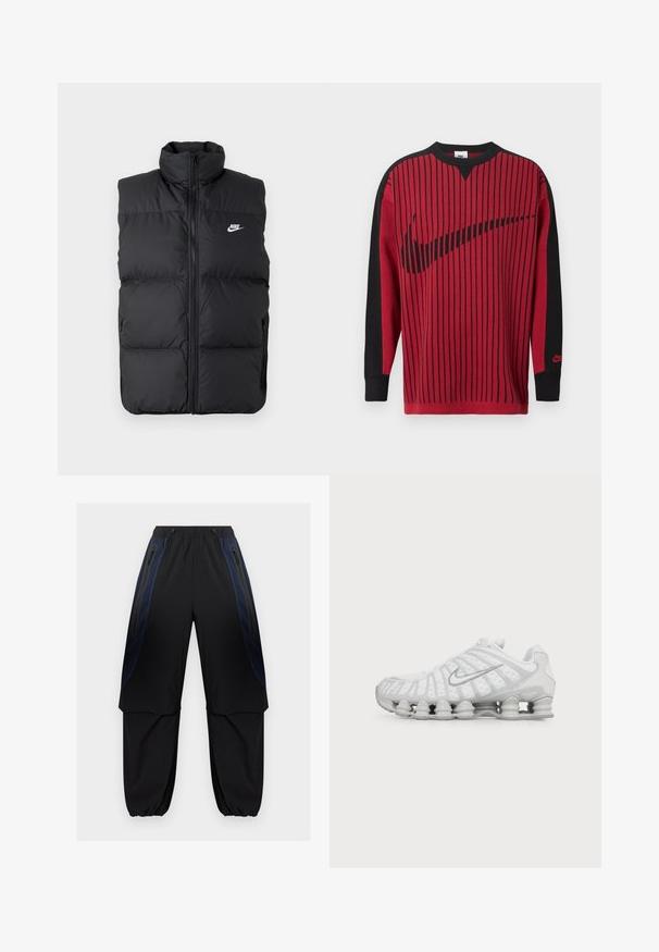 Schwarze gepolsterte ärmellose Jacke mit hohem Kragen, Vorderreißverschluss, Seitentaschen und weißem Nike-Logo auf der Brust.; Roter Strick-Sweatshirt mit schwarzen vertikalen Streifen, schwarzen Ärmeln und einem schwarzen Nike-Logo. Verfügt über einen Rundhalsausschnitt und gerippte Bündchen.; Schwarze und dunkelblaue Cargo-Hosen mit elastischem Bund und Bündchen, ausgestattet mit seitlichen Reißverschlusstaschen und überlappenden Stoffpaneelen an den Oberschenkeln.; Weißer Nike Laufschuh mit sichtbarer luftgepolsterter Sohle und silbernem Swoosh-Logo an der Seite, von der Außenseite gezeigt.