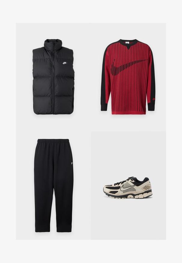 Čierna vypchatá bezrukávová bunda s vysokým golierom, predným zipsom, bočnými vreckami a bielym logom Nike na hrudi.; Červená pletená mikina s čiernymi vertikálnymi pruhmi, čiernymi rukávmi a čiernym logom Nike. Má okrúhly výstrih a rebrované manžety.; Čierne tepláky s elastickým pásom, na ľavej strane malým bielym logom. Vyrobené z jemnej, ľahkej tkaniny. Strih s rovnými nohavicami.; Behľová topánka Nike v krémovej a čiernej farbe. Má sieťovaný zvršok, textúrované detaily, hrubú gumovú podrážku a výrazný dizajn medzipodošvy.