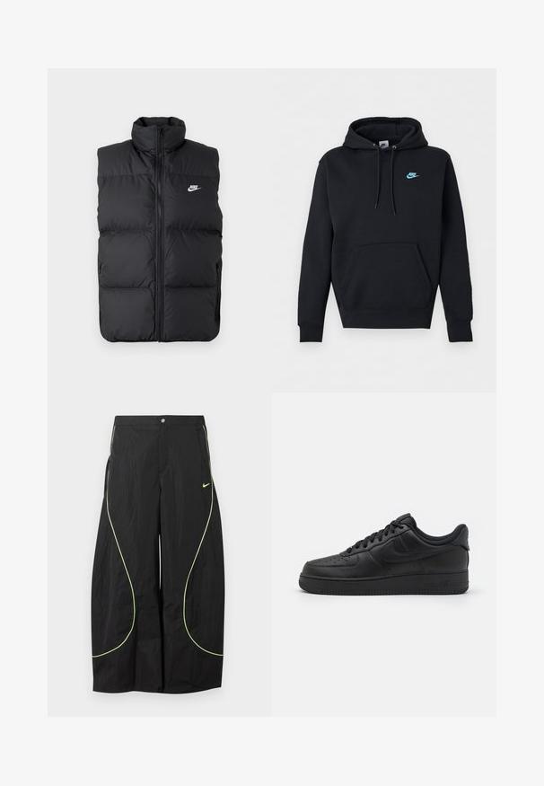 Zwarte gewatteerde mouwloze jas met hoge kraag, rits aan de voorkant, zijzakken en wit Nike-logo op de borst.; Zwarte Nike hoodie met voorvak (kangoeroezak), capuchon met trekkoord en klein blauw Nike-logo op de linkerkant van de borst.; Zwarte wijde Nike-broek met neon groene gebogen biezen en klein Nike-swoosh-logo op de rechterdij, knoop- en ritssluiting in de taille.; Nike Sportswear AIR FORCE 1 07 FLYEASE - Sneakers laag - black