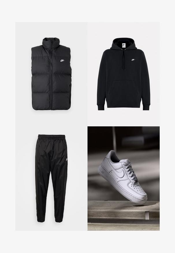 Zwarte gewatteerde mouwloze jas met hoge kraag, rits aan de voorkant, zijzakken en wit Nike-logo op de borst.; Zwarte Nike-trui met capuchon, voorvak, trekkoorden en klein wit Nike-logo op de linkerborst.; Zwarte trainingsbroek van lichtgewicht, glanzend materiaal met een elastische tailleband, een taps toelopende pasvorm en ritszakken. Kenmerkt zich door een logoaccent.; Witte Nike Air Force 1 sneaker van leer met geperforeerde neus, platte veters en een gestructureerde rubberen zool met "AIR"-logo aan de zijkant.