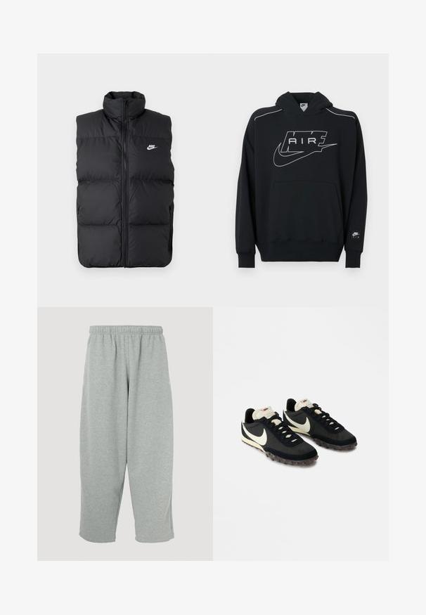 Chaleco sin mangas acolchado negro con cuello alto, cierre frontal, bolsillos laterales y logo de Nike en blanco en el pecho.; Sudadera con capucha negra hecha de tela suave, con un gran logo blanco "AIR" y el icónico swoosh de Nike. Incluye un bolsillo frontal y mangas con puños.; Pantalones deportivos gris claro con cintura elástica, diseño de pernera ajustada y textura suave. Sin marcas visibles ni patrones.; Zapatillas deportivas negras con una parte superior texturizada, logo de swoosh blanco y suela de goma con pequeñas puas para tracción. Cuello en color crema.