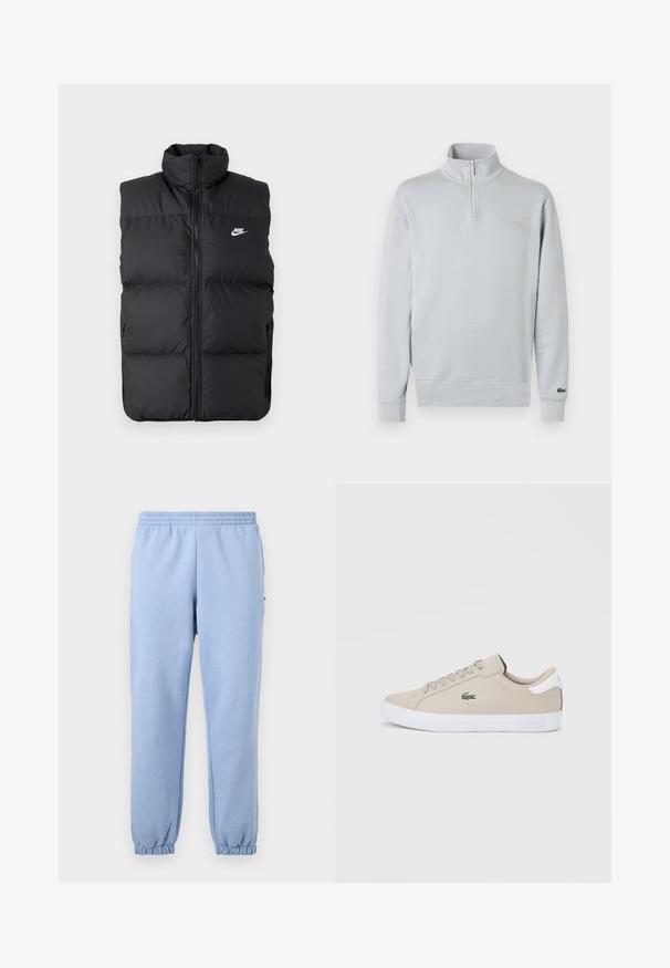 Čierna vypchatá bezrukávová bunda s vysokým golierom, predným zipsom, bočnými vreckami a bielym logom Nike na hrudi.; Svetlosivá pulóverová mikina s polovičným zipsom na krku, rebrovanými manžetami a textúrovaným logom Lacoste na hrudi, vyrobená z mäkkej látky.; Svetlomodré tepláky s elastickým pásom a manžetami, zobrazené spredu na jednoduchom pozadí.; Béžová syntetická teniska s okrúhlou špičkou, bielou gumovou podrážkou a šnurovacím dizajnom. Na boku je zelené logo Lacoste a na päte kontrastný akcent.