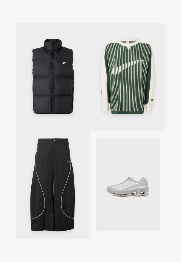 Schwarze gepolsterte ärmellose Jacke mit hohem Kragen, Vorderreißverschluss, Seitentaschen und weißem Nike-Logo auf der Brust.; Grüner und cremefarbener Strickpullover mit vertikalen Streifen, große weiße Nike-Logo, gerippte Bündchen und Rundhalsausschnitt.; Schwarze Nike-Hose mit weitem Bein, neongrünem, geschwungenem Paspel und kleinem Nike-Swoosh-Logo auf dem rechten Oberschenkel, mit Knopf- und Reißverschlussbund.; Hellgrauer und weißer Sportschuh mit sichtbarer federartiger Dämpfung in der Sohle und einem Obermaterial aus Mesh-Gewebe.