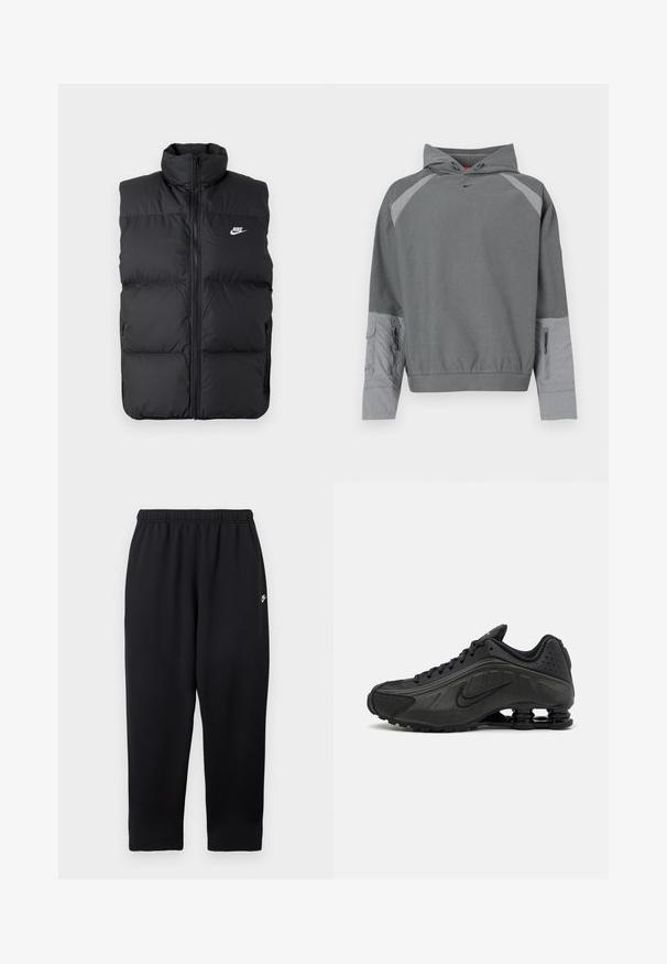 Čierna vypchatá bezrukávová bunda s vysokým golierom, predným zipsom, bočnými vreckami a bielym logom Nike na hrudi.; Sivá mikina s kapucňou s textúrovaným sivým telom, raglánovými rukávmi, predným vreckom a detailom so zipsom na boku. Na hrudi čierne logo.; Čierne tepláky s elastickým pásom, na ľavej strane malým bielym logom. Vyrobené z jemnej, ľahkej tkaniny. Strih s rovnými nohavicami.; Čierne bežecké topánky s hladkým syntetickým zvrškom, perforovanými akcentmi, textúrovanými bočnými panelmi a výraznou pružnou podrážkou.
