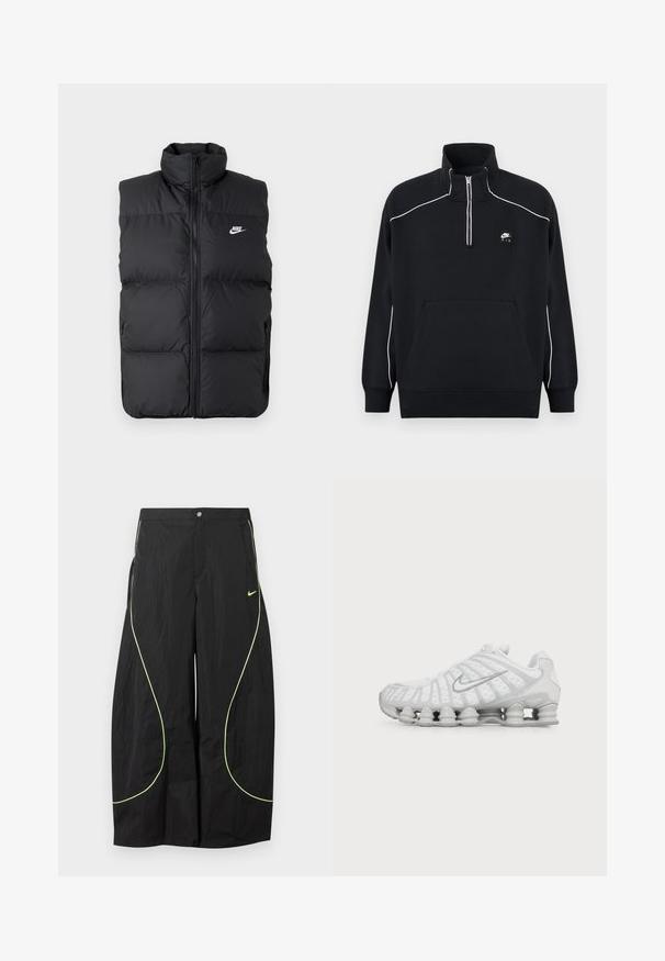Zwarte gewatteerde mouwloze jas met hoge kraag, rits aan de voorkant, zijzakken en wit Nike-logo op de borst.; Zwarte fleece pullover met een kwart-ritssluiting bij de kraag, witte contrasterende stiksels, een centrale kangoeroezak en een zwart Nike Air-logo.; Zwarte wijde Nike-broek met neon groene gebogen biezen en klein Nike-swoosh-logo op de rechterdij, knoop- en ritssluiting in de taille.; Witte Nike hardloopschoen met zichtbare luchtdempende zool en zilveren swoosh-logo aan de zijkant, gezien vanaf de buitenkant.
