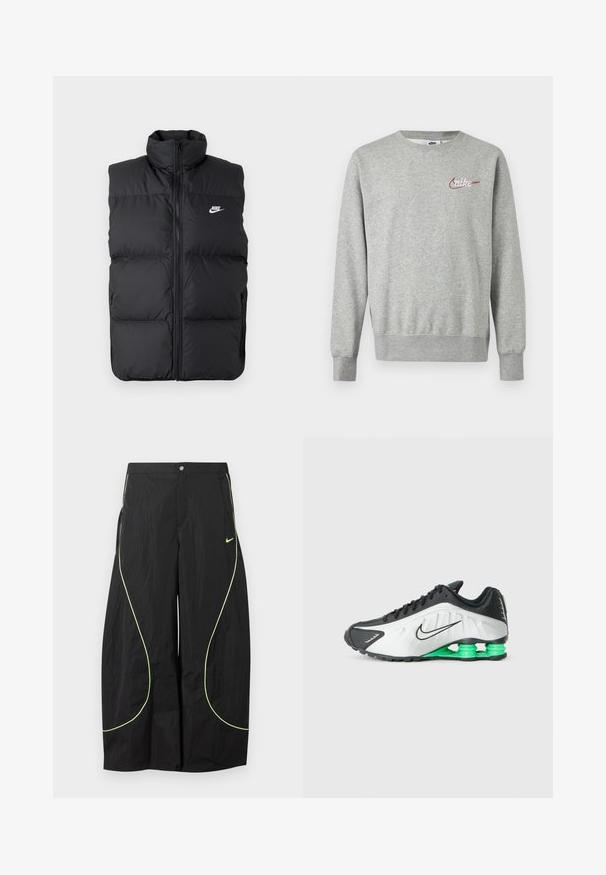Must mängitud, lamedate käisteta musta padi jakk kõrge kraega, esine lukuga, küljetaskudega ja rinnal valge Nike logo.; Helehall halli pikkade varrukatega pusa ümar kaelusega, vasakul rinnal väike punane ja valge Nike logo.; Mustad laia säärega Nike püksid neoonrohelise kaarekujuga äärise ja väikese Nike-tõmbe logoga paremal reiel, vöökoht tähistatud nööbi ja lukuga.; Mustvalge sportking roheliste aktsentidega, millel on voolujooneline disain, tekstureeritud ülemine osa ja eristuv segmentide struktuur.