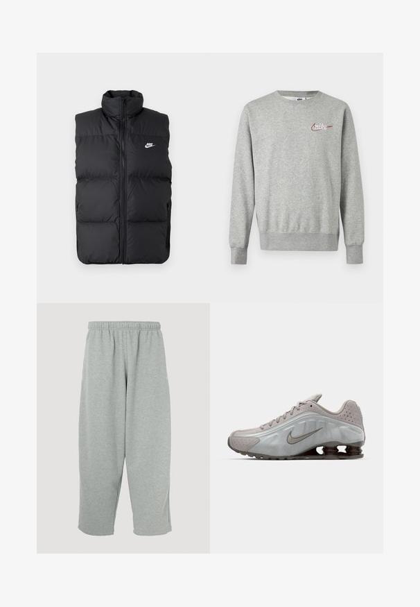 Sort polstret ærmeløs jakke med høj krave, lynlås foran, sidelommer og hvidt Nike-logo på brystet.; Lysegrå crewneck-sweatshirt med lange ærmer og lille rød og hvid Nike-logo på venstre bryst.; Lysegrå joggingbukser med elastisk taljebånd, konisk ben-design og blød tekstur. Ingen synligt mærke eller mønstre.; Nike løbesko i lysegrå med en glat tekstur, buet design og synlige støddæmpningsfjeder i mørkebrun ved hælen.