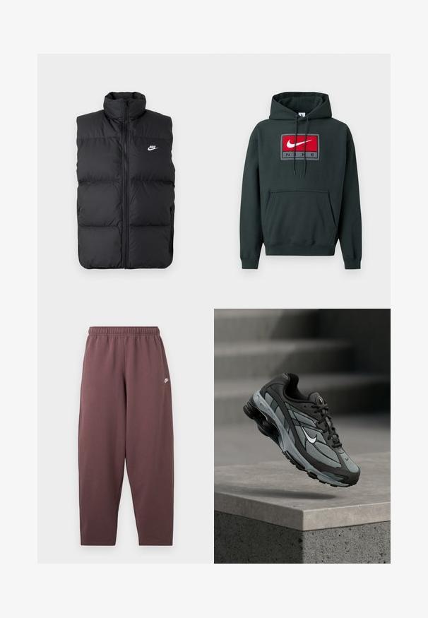 Must mängitud, lamedate käisteta musta padi jakk kõrge kraega, esine lukuga, küljetaskudega ja rinnal valge Nike logo.; Tume roheline kapuutsiga pusa, mis on valmistatud pehmest kangast, millel on suur Nike logo punase ja valgega nelinurkse plaadi peal hallide aktsentidega. Ees on tasku.; Lõdvalt istuvad tumelilla dressipüksid, millel on elastne vöökoht ja väike valge Nike Swoosh logo ülal reiel.; Hall ja musta sportlik toss, millel on võrkmaterjalist paneelid ja paks tald, paigutatud õhus betoonist äärekivi ja treppide kohal taustal.