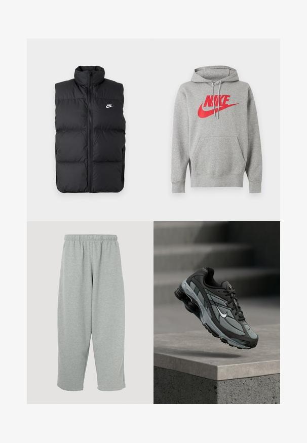 Zwarte gewatteerde mouwloze jas met hoge kraag, rits aan de voorkant, zijzakken en wit Nike-logo op de borst.; Grijze capuchontrui met voorzak en rood "NIKE"-logo en swoosh op de borst, weergegeven op een witte achtergrond.; Lichtgrijze joggingbroek met een elastische tailleband, taps toelopend ontwerp en zachte textuur. Geen zichtbare merklogo's of patronen.; Grijze en zwarte sportieve sneaker met meshpanelen en dikke zool, zwevend in de lucht boven een betonnen richel met trappen op de achtergrond.