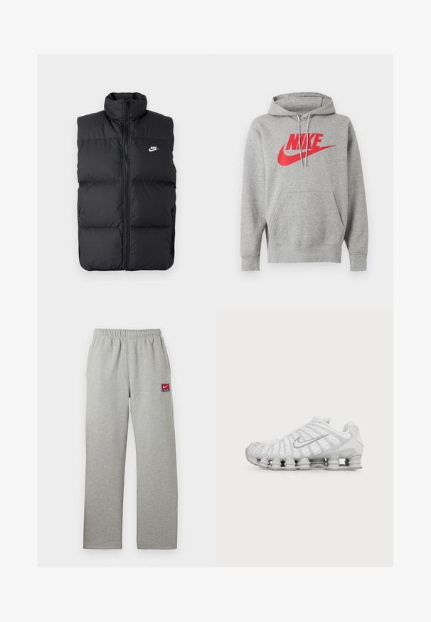 Chaleco sin mangas acolchado negro con cuello alto, cierre frontal, bolsillos laterales y logo de Nike en blanco en el pecho.; Sudadera con capucha gris con bolsillo frontal y logo rojo de "NIKE" y swoosh en el pecho, mostrada sobre un fondo blanco.; Pantalones deportivos grises con cintura elástica, corte recto y un pequeño parche con el logo de Nike en rojo y blanco en el lado izquierdo. Textura suave.; Zapatilla de running blanca Nike con suela visible con amortiguación de aire y logo swoosh plateado en el lateral, mostrada desde el lado exterior.