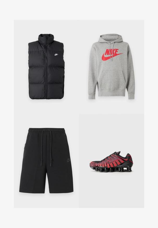 Zwarte gewatteerde mouwloze jas met hoge kraag, rits aan de voorkant, zijzakken en wit Nike-logo op de borst.; Grijze capuchontrui met voorzak en rood "NIKE"-logo en swoosh op de borst, weergegeven op een witte achtergrond.; Zwarte Nike sportshorts met elastische tailleband, trekkoord, zijzakken en een subtiel logo op de linker dij.; Zwarte en rode sport schoenen hebben een bovenwerk van mesh met verticale strepen en een gewatteerde kraag, ondersteund door een kenmerkende, segmentale zool.
