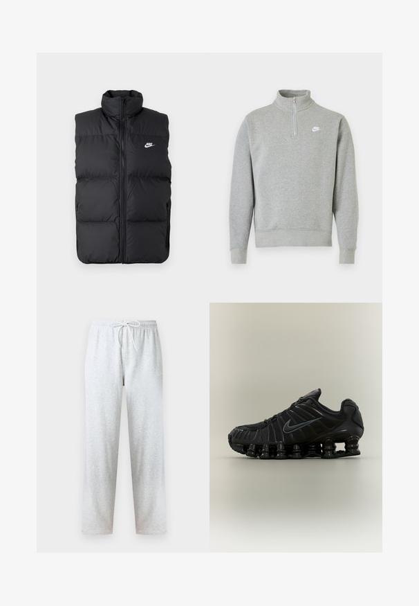 Chaleco sin mangas acolchado negro con cuello alto, cierre frontal, bolsillos laterales y logo de Nike en blanco en el pecho.; Sudadera gris con collar de media cremallera, mangas largas, puños y dobladillo acanalados. Presenta un pequeño logo blanco de Nike en el pecho.; Pantalones deportivos grises hechos de tela suave, con una cintura elástica con cordón y piernas rectas. No se observan patrones ni detalles.; Zapatilla de correr negra Nike con suela segmentada similar a un muelle, parte superior de malla y logotipo swoosh negro a juego en el lateral.