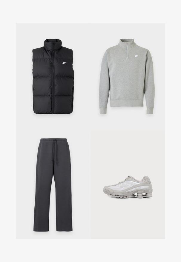 Zwarte gewatteerde mouwloze jas met hoge kraag, rits aan de voorkant, zijzakken en wit Nike-logo op de borst.; Grijze sweatshirt met een halve ritssluiting bij de kraag, lange mouwen, ribgebreide manchetten en zoom. Voorzien van een klein wit Nike-logo op de borst.; Grijze joggingbroek met een taillekoord, gemaakt van zachte stof. Wijd broekontwerp met zijnaden, minimale accenten en geen zichtbare patronen.; Grijze en witte sportschoen met zichtbare luchtkussenzool en meshpanelen, in profiel weergegeven op een eenvoudige lichte achtergrond.