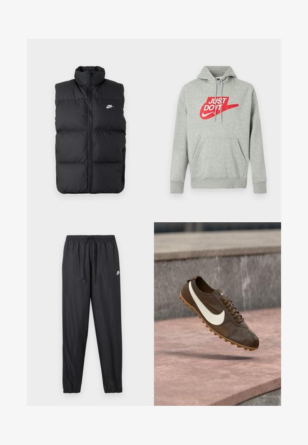 Sort polstret ærmeløs jakke med høj krave, lynlås foran, sidelommer og hvidt Nike-logo på brystet.; Lysegrå bomulds-hoodie med lomme foran, med stort rødt "JUST DO IT"-logo og Nike Swoosh-grafik på brystet.; Sorte joggerbukser med elastisk taljebånd og justerbar snor. Glat, letvægtsmateriale med en lille hvid Nike-logo.; Brun Nike løbesko med hvid Swoosh-logo og gumisål svæver over en lyserød stensurface med grå stenbaggrund.