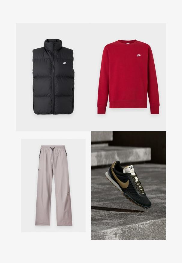 Sort polstret ærmeløs jakke med høj krave, lynlås foran, sidelommer og hvidt Nike-logo på brystet.; Rød langærmet crewneck-sweatshirt med lille hvidt Nike-logo på øverste venstre bryst, ensfarvet design, ribstrikkede manchetter og kant.; Lysegrå løstsiddende bukser med elastisk talje, sort justerbar snor og sidelommer med sorte lynlåse.; Sort og guld Nike løbesko med tekstureret overdel og mønstret snøre, der svæver over ru betongulv og trin.