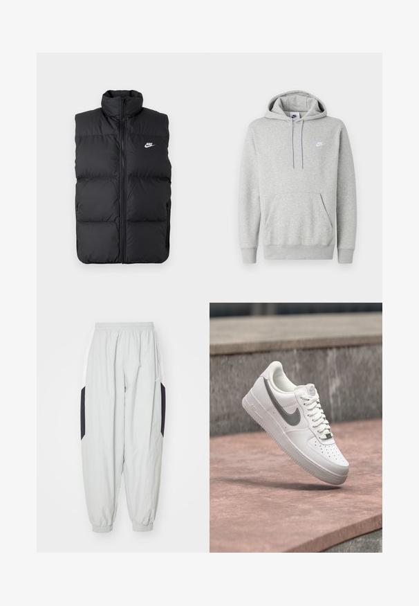 Sort polstret ærmeløs jakke med høj krave, lynlås foran, sidelommer og hvidt Nike-logo på brystet.; Lysegrå hættetrøje lavet af blødt stof, med kængurulomme, snørre i hætten og et lille hvidt logo på brystet.; Lys grå træningsbukser lavet af letvægtsstof, med elastisk talje og manchetter, samt kontrasterende sorte og hvide sidelapper.; Hvid Nike Air Force 1 sneaker med gråt swoosh-logo svævende over en stensurface og en grå stenvæg i baggrunden.