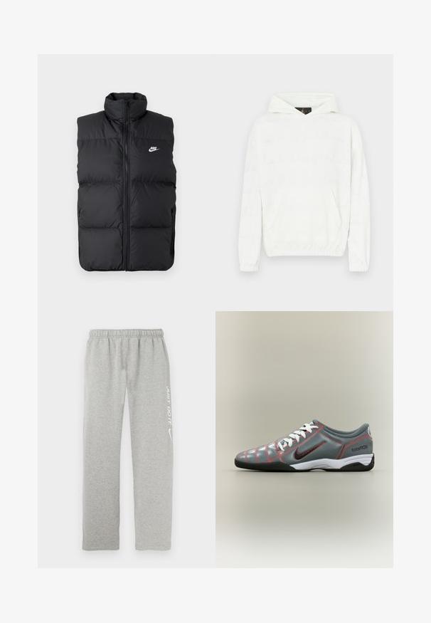 Must mängitud, lamedate käisteta musta padi jakk kõrge kraega, esine lukuga, küljetaskudega ja rinnal valge Nike logo.; Valge kapuutsiga dressipluus pehme tekstuuriga, millel on esitelje ja kangasse peenelt reljeefne tekstimuster.; Hallid dressipüksid, mis on valmistatud pehmest materjalist, elastse vöökohaga. Ühel jalal on valge "JUST DO IT" tekst ja Nike lööklause logo.; Hall Nike Total 90 III sisejalats sisetingimusteks, valgete nööpide, musta tallaga, punase õmbluse ja musta Swooshi logoga küljel.