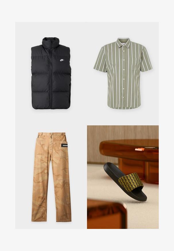 Zwarte gewatteerde mouwloze jas met hoge kraag, rits aan de voorkant, zijzakken en wit Nike-logo op de borst.; Overhemd met korte mouwen en knopen, olijfgroene en witte verticale strepen en een enkele borstzak op een witte achtergrond.; Tan en beige camouflage cargobroek met twee grote voorzakken en een ritssluiting aan de voorkant op een effen achtergrond.; Zwarte Lacoste slides met een gouden geometrisch patroon op de band, gepresenteerd tegen een beige tapijt en een bruine, doorzichtige tafeltafel.