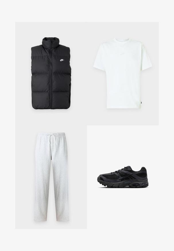 Čierna vypchatá bezrukávová bunda s vysokým golierom, predným zipsom, bočnými vreckami a bielym logom Nike na hrudi.; Biele bavlnené tričko s okrúhlym výstrihom, krátkymi rukávmi a malým vyrazeným logom Nike na hrudi. Mäkká textúra a voľný strih.; Sivé tepláky vyrobené z mäkkej látky, s elastickým pásom so šnúrkou a rovnými nohavicami. Žiadne vzory ani ozdoby nie sú viditeľné.; Čierno-tmavosivé bežecké topánky značky Nike s sieťovinou, semišovými prekladmi, odpruženou podrážkou a viditeľnými vzduchovými jednotkami v päte a prednej časti nohy.