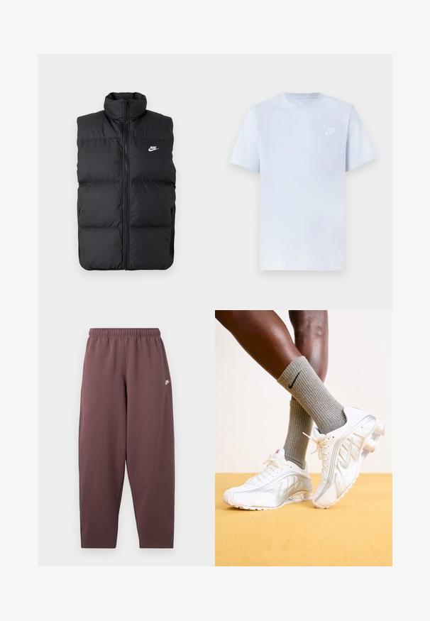 Sort polstret ærmeløs jakke med høj krave, lynlås foran, sidelommer og hvidt Nike-logo på brystet.; Lyseblå bomulds t-shirt med korte ærmer, rund hals og et hvidt Nike-logo trykt på venstre bryst. Glat tekstur, simpelt design.; Løse mørkelilla sweatpants med elastisk talje og lille hvid Nike swoosh-logo på øverste lår.; Nike sneakers i hvid med sølv accenter, der har teksturerede paneler og perforeringer. Sammen med grå ribbede sokker, sat mod en gul baggrund.