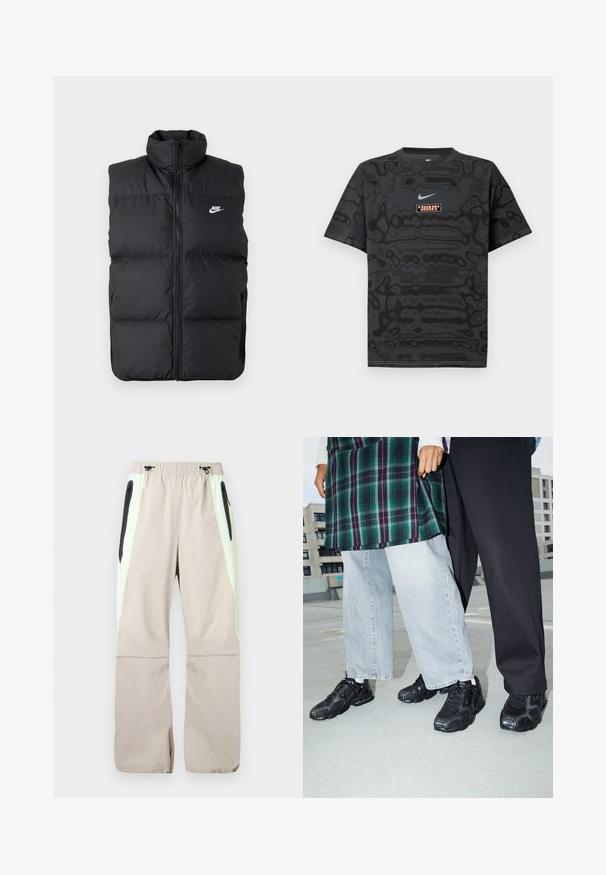 Zwarte gewatteerde mouwloze jas met hoge kraag, rits aan de voorkant, zijzakken en wit Nike-logo op de borst.; Zwart T-shirt met een gestructureerd patroon, met een klein Nike-logo in lichtblauw en een rechthoekige logopatch in contrasterende kleuren.; Beige broek met lichtgroene zijpanelen, zwarte dijzakken met rits en elastische tailleband met zwarte trekkoorden.; Zwarte sportieve schoenen met mesh- en rubberaccenten. Draagt een lichtgrijze wijde spijkerbroek en een groen geruit shirt. Effen achtergrond.