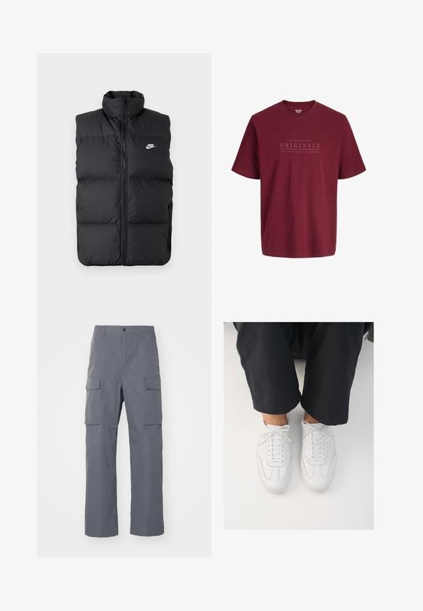 Must mängitud, lamedate käisteta musta padi jakk kõrge kraega, esine lukuga, küljetaskudega ja rinnal valge Nike logo.; Burgundia lühikeste varrukatega puuvillane T-särk ümara kaelusega ja rinnal trükitud tekstiga "Nineteen Ninety Originals 1990 Jack&Jones".; Hallid hallid cargo püksid, mis on valmistatud vastupidavast kangast. Omadusteks on elastne vöökoht, kaks suurt külgetaskut ja sirge lõige.; Valged nahast tossud, millel on sile tekstuur, ümar varvas ja klassikaline nöörimis süsteem, paiknevad tumedate, vabalt istuvate pükste kohal.