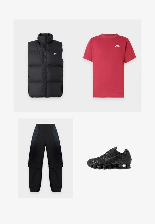 Čierna vypchatá bezrukávová bunda s vysokým golierom, predným zipsom, bočnými vreckami a bielym logom Nike na hrudi.; Červené tričko s krátkym rukávom od Nike s bielym logom na ľavej strane hrude, okrúhlym výstrihom a jednoduchým dizajnom na neutrálnom pozadí.; Čierne a tmavomodré pracovné nohavice s elastickým pásom a manžetami, s vreckami so zipsami na boku a vrstvami látky na stehnách.; Čierne športové topánky vyrobené zo sieťoviny a syntetických materiálov, s výrazným vlnitým dizajnom, čiernou gumovou podrážkou a reflexnými prvkami.