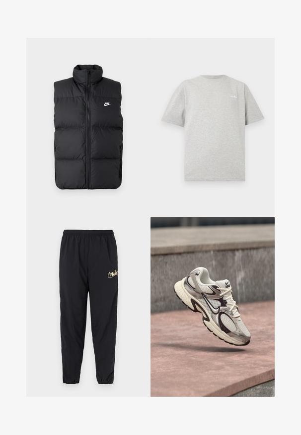 Zwarte gewatteerde mouwloze jas met hoge kraag, rits aan de voorkant, zijzakken en wit Nike-logo op de borst.; Lichtgrijs T-shirt met korte mouwen en ronde hals, met klein wit logo op de linkerborst, tegen een witte achtergrond.; Zwarte sportbroek gemaakt van lichtgewicht materiaal. Voorzien van een elastische tailleband en omgeslagen boorden. Gouden logo-accent op de dij.; Witte en beige Nike hardloopschoen met zwart Swoosh-logo zwevend boven een roze betonnen oppervlak buiten.