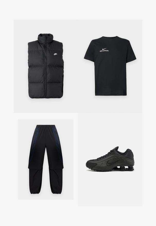 Zwarte gewatteerde mouwloze jas met hoge kraag, rits aan de voorkant, zijzakken en wit Nike-logo op de borst.; Zwart katoenen T-shirt met een ronde halslijn. Heeft een wit Nike-logo en de tekst "NIKE OFFICIAL" op de voorkant. Korte mouwen.; Zwarte en donkerblauwe cargobroek met elastische tailleband en boorden, voorzien van ritssluitingen aan de zijkanten en gelaagde stofpanelen op de dijen.; Zwarte hardloopschoenen met een glad bovenwerk van synthetisch materiaal, geperforeerde accenten, gestructureerde zijpanelen en een opvallende veerkrachtige zool.