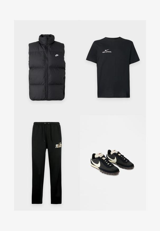 Chaleco sin mangas acolchado negro con cuello alto, cierre frontal, bolsillos laterales y logo de Nike en blanco en el pecho.; Camiseta de algodón negra con escote redondo. Presenta un logo blanco de Nike y el texto "NIKE OFFICIAL" en el frente. Mangas cortas.; Pantalones deportivos negros hechos de tela suave, con una cintura elástica con cordones, piernas ajustadas y un logo "nike" bordado en oro.; Zapatillas deportivas negras con una parte superior texturizada, logo de swoosh blanco y suela de goma con pequeñas puas para tracción. Cuello en color crema.
