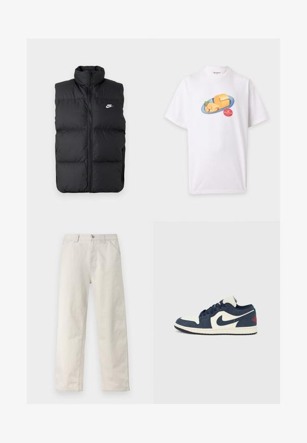 Zwarte gewatteerde mouwloze jas met hoge kraag, rits aan de voorkant, zijzakken en wit Nike-logo op de borst.; Witte T-shirt met korte mouwen met een afbeelding van een blauw bord met kaas en een takje groene kruiden, plus een rode ronde sticker onder het bord.; Lichtbeige rechte broek met subtiele verticale strepen, knoopsluiting aan de voorkant, riemlussen en zijzakken.; Nike Air Jordan 1 Low, donkerblauw suède en crèmekleurig leren bovenwerk, ronde veters, zwarte zool, rode accenten op de hiel, geperforeerd teengebied, klassieke silhouet.