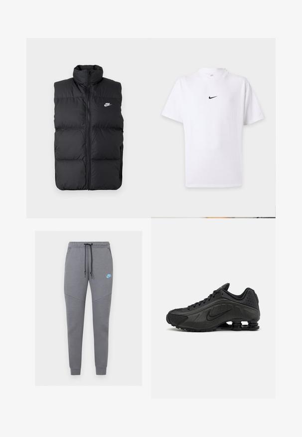 Zwarte gewatteerde mouwloze jas met hoge kraag, rits aan de voorkant, zijzakken en wit Nike-logo op de borst.; Wit T-shirt met korte mouwen met zwart Nike swoosh-logo in het midden van de borst en een eenvoudige ronde hals.; Grijze Nike joggingbroek met zwart trekkoord, elastische tailleband, taps toelopende pijpen en lichtblauw Nike-logo op de linker dij.; Zwarte hardloopschoenen met een glad bovenwerk van synthetisch materiaal, geperforeerde accenten, gestructureerde zijpanelen en een opvallende veerkrachtige zool.