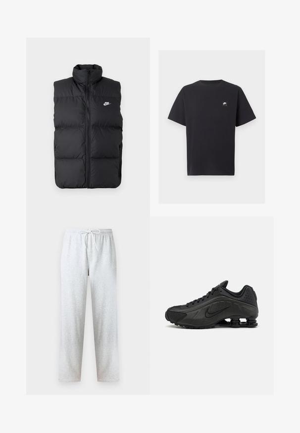Zwarte gewatteerde mouwloze jas met hoge kraag, rits aan de voorkant, zijzakken en wit Nike-logo op de borst.; Zwart Nike Air T-shirt met korte mouwen, ronde hals en een klein wit logo op de linkerborst.; Grijze joggingbroek van zachte stof, met een elastische tailleband en een trekkoord, en rechte pijpen. Geen patronen of accenten zichtbaar.; Zwarte hardloopschoenen met een glad bovenwerk van synthetisch materiaal, geperforeerde accenten, gestructureerde zijpanelen en een opvallende veerkrachtige zool.