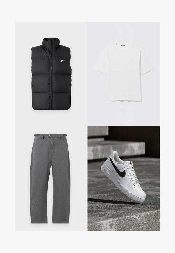 Must mängitud, lamedate käisteta musta padi jakk kõrge kraega, esine lukuga, küljetaskudega ja rinnal valge Nike logo.; Valge lühikeste varrukatega pusa ümmarguse kaelusega, millel siseviimistle valge "WEEKDAY" kleebis kaeluse tagaosas, paigutatud tasasele pinnale.; Hallid sirge lõikega püksid eesmiste taskute, vööaasade ja messingist nööbiga sulgemisega, valgel taustal.; Valge Nike Air Force 1 toss, millel on must swoosh, paelad seotud, paikneb õhus hallil tekstureeritud betoonpinnal välitingimustes.
