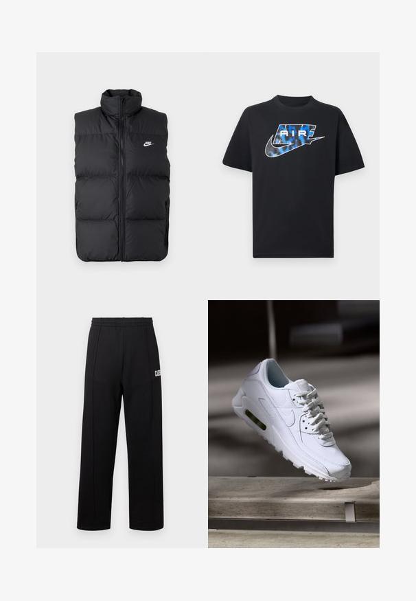 Zwarte gewatteerde mouwloze jas met hoge kraag, rits aan de voorkant, zijzakken en wit Nike-logo op de borst.; Zwart kortermig T-shirt met een blauw-witte gestileerde tekst "AIR" en het Nike swoosh-logo op de borst.; Zwarte joggingbroek met een elastische tailleband, rechte pijpvorm en witte tekst op de linkeronderkant. Gemaakt van zacht materiaal.; Witte leren sneaker met gestructureerde oppervlakken, gevoerde kraag en zichtbare luchtbescherming in de zool. Heeft veters en een minimalistisch ontwerp.
