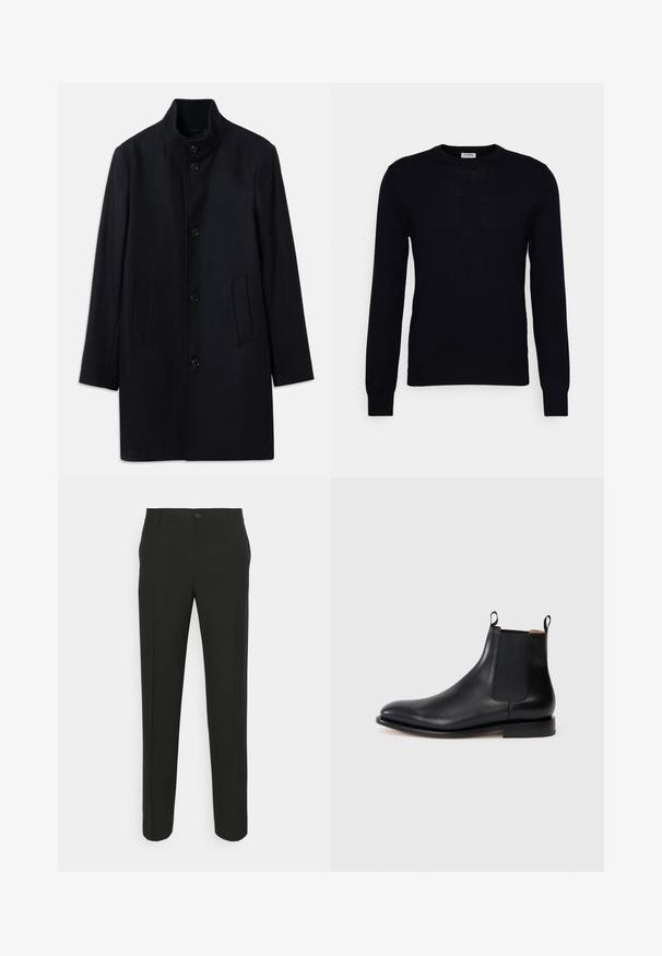 Marineblå uldfrakke med høj krave, fem frontknapper og to sidelommer; har en lige pasform og glat tekstur.; Sort langærmet sweater lavet af blødt strikket materiale. Rund halsudskæring, ribbede manchetter og kant. Minimalistisk design uden synlige mønstre eller knapper.; Sorte skræddersyede bukser med lige snit, der har en enkelt knaplukning og bæltestropper. Glat, mat stof uden mønstre.; Sort læder Chelsea støvle med elastiske sidepaneler, trækstropper og en lav hæl på en hvid baggrund.