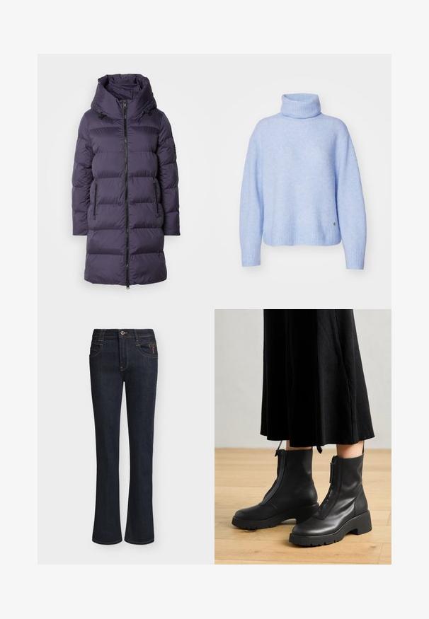 Lilla puffjakke med høj krave, lynlås foran og to sidelommer; har quiltede sektioner og en glat, skinnende tekstur.; Mos Mosh THORA ROLLNECK - Striktrøje - blue; Mørkeblå denimjeans med lette vide ben, frontknap og lynlåslukning, forlommer og synlige syningsdetaljer.; Sorte læder ankelstøvler med en kraftig platformsål og en frontlynlås. Glat tekstur med et minimalistisk design.