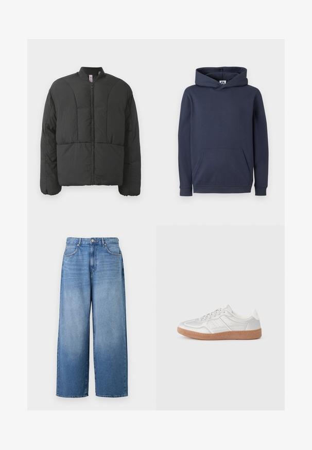 Veste matelassée noire avec un col haut, fermeture éclair frontale et deux grandes poches latérales. Elle présente un tissu lisse et léger avec un design matelassé.; Sweatshirt à capuche bleu marine en tissu mélangé de coton, avec une poche kangourou à l'avant et des poignets et un ourlet côtelés. Texture lisse.; Jeans en denim à jambes larges de couleur bleu clair avec une finition légèrement délavée. Comprend un design classique à cinq poches et une fermeture à bouton en métal.; Baskets argentées avec une texture lisse, un design à lacets, des accents perforés et une semelle en caoutchouc marron texturé.