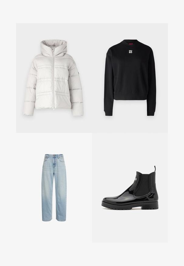 Veste matelassée gris clair avec un col haut, fermeture éclair à l'avant et détails de surpiqûres horizontales ; présente une texture rembourrée et une coupe ample.; Sweatshirt noir en tissu doux, avec un col rond et des poignets côtelés. Le logo "HUGO" en blanc est centré sur la poitrine.; Jean bleu clair taille haute, coupe droite, avec cinq poches et fermeture par bouton, présenté sur fond blanc.; HUGO TABITA - Bottes en caoutchouc - black