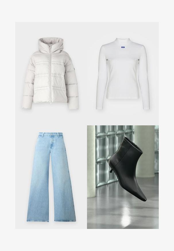 Veste matelassée gris clair avec un col haut, fermeture éclair à l'avant et détails de surpiqûres horizontales ; présente une texture rembourrée et une coupe ample.; Haut à col roulé blanc à manches longues en tissu extensible, avec une coupe ajustée et un petit logo bleu sur la poitrine.; Jean large bleu clair en denim avec taille haute, doté d'un bouton de fermeture et de cinq poches. Texture lisse et silhouette décontractée.; Bottine en cuir noir à bout pointu et petit talon kitten, présentée en angle devant un sol poli et un mur en blocs de verre.