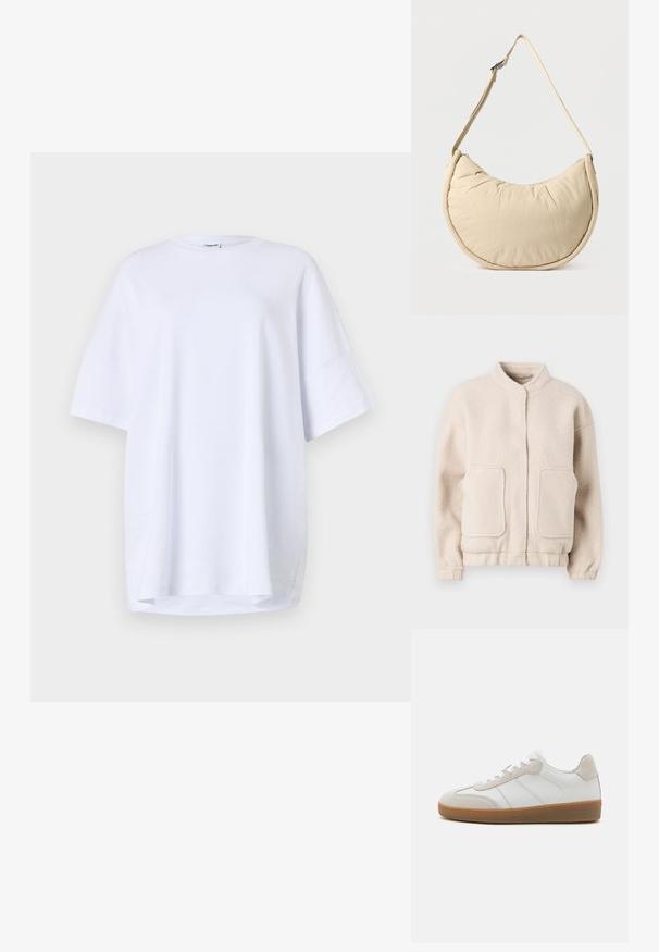 Beige fleecejakke med høj krave, to forlommer og elastiske manchetter. Blød tekstur med en boxy silhuet og minimal detaljering.; Kortærmet, oversized hvid t-shirt lavet af bomuld. Rund halsudskæring, sidesprækker ved kanten og glat tekstur uden synlige mønstre eller detaljer.; Hvide lædersneakers med beige ruskindsdetaljer, struktureret tunge og gummisål. Har hvide snørebånd og diskrete stikninger.; Beige skuldertaske i halvmåneform med en blød, polstret overflade. Har justerbar rem og lynlås langs den øverste kant.