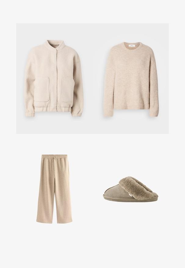Beige fleecejakke med høj krave, to forlommer og elastiske manchetter. Blød tekstur med en boxy silhuet og minimal detaljering.; Beige strikket sweater med rund hals, lange ærmer og ribkant. Blødt, tekstureret stof med en afslappet pasform.; Cremefarvede breddebenede bukser lavet af blødt bomuldsblandingsstof. Har en elastisk talje med snor og en subtil plettet tekstur.; Beige slip-on tøfler med blød, plyssede pelsforing omkring åbningen og en ydersål med ruskindslignende overflade.