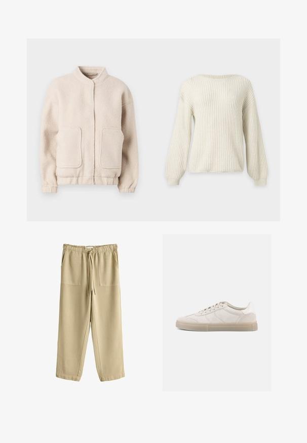 Beige fleecejakke med høj krave, to forlommer og elastiske manchetter. Blød tekstur med en boxy silhuet og minimal detaljering.; Kremfarvet strikket sweater med lange ærmer, ribstrikket struktur og rund halsudskæring på en ensfarvet lys baggrund.; Beige afslappede bukser med elastisk taljebånd, snørelukning og to forlommer med lapper, vist på en hvid baggrund.; Beige ruskindssneakers med lav profil, der har en struktureret overdel, tonale sømme og en lys gummisål. Snørebånd fuldender designet.