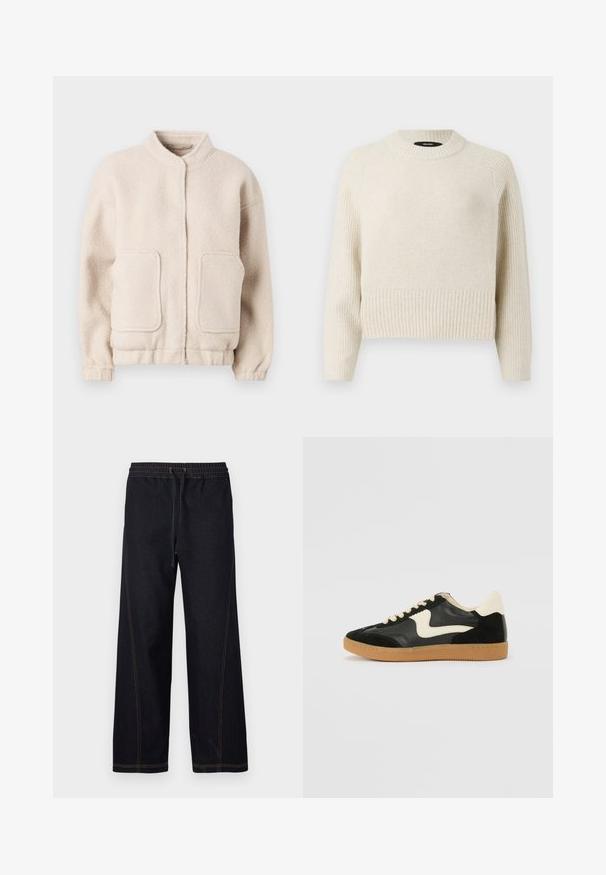 Beige fleecejakke med høj krave, to forlommer og elastiske manchetter. Blød tekstur med en boxy silhuet og minimal detaljering.; Lys beige strikket sweater med ribkant og tekstureret krop. Har rund hals og lange ærmer med en afslappet pasform.; Mørke denimbukser med vidde ben med elastik i taljen og snøre, kontrasterende orange syninger samt lige og rene linjer.; Sorte ruskinds- og lædersneakers med en cremefarvet side-swoosh og lys cremefarvet hæl. Har beige snørebånd og en gummirubber-sål.